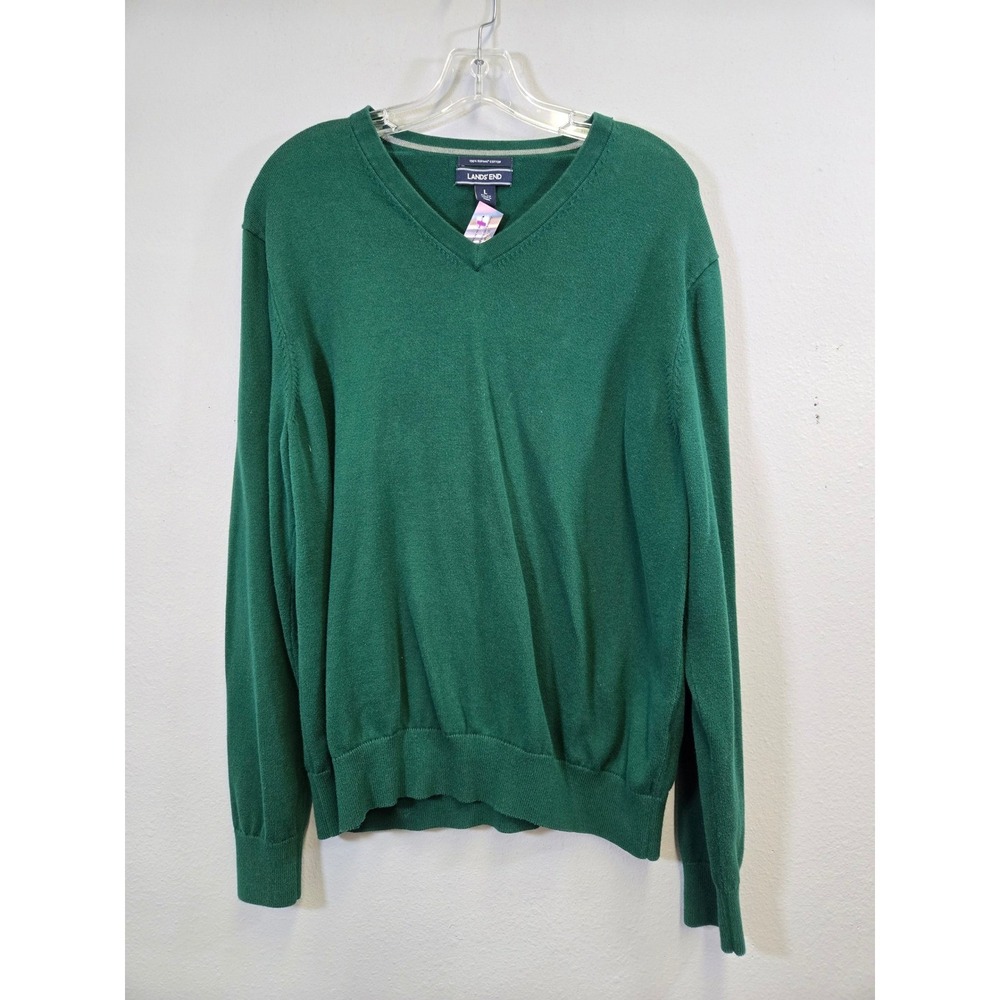 Lands End Forest Green V-Neck Knit Long Sleeve Pullover Sweater Large